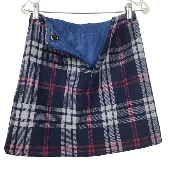 J. Crew Mercantile Plaid Blue Pink Ruffle Wool Blend Back Zip Mini Skirt 2 - Picture 3 of 7